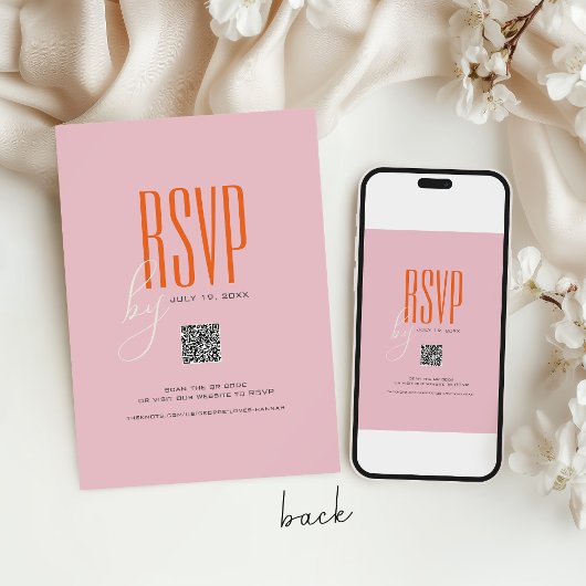 Modern vet roze en Oranje QR-code Unieke bruiloft Kaart