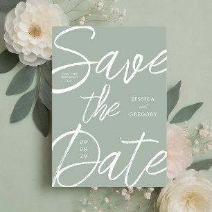 Modern vet sage groen script bruiloft save the date