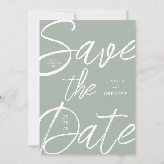 Modern vet sage groen script bruiloft save the date (Voorkant)
