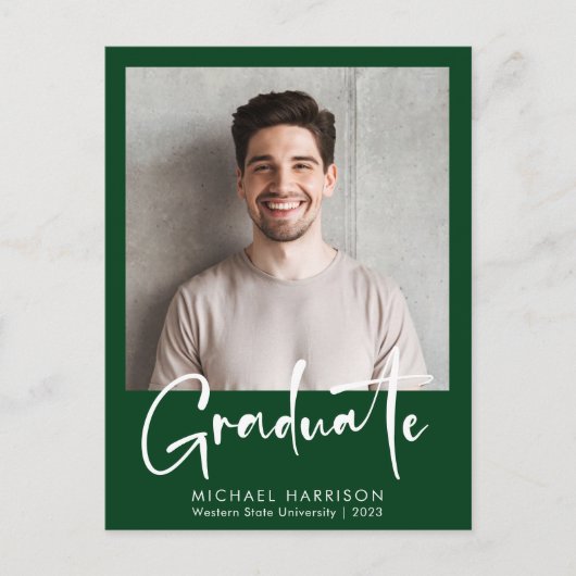 Modern vet script foto groen Afstuderen Aankondigingskaart (Voorkant)