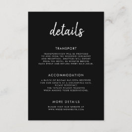 Modern vet script zwart wit bruiloft details informatiekaartje
