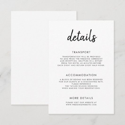 Modern vet script zwart wit bruiloft details informatiekaartje (Voorkant / Achterkant)