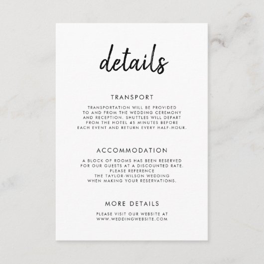 Modern vet script zwart wit bruiloft details informatiekaartje (Voorkant)
