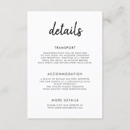 Modern vet script zwart wit bruiloft details informatiekaartje
