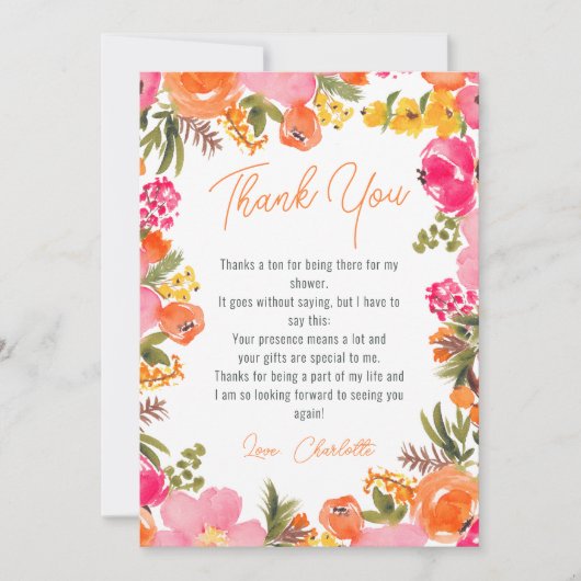 Modern vet sinaasappel bloemen script vrijgezellen bedankkaart (Voorkant)