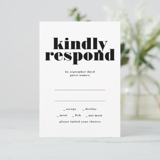Modern vet vriendelijk reageren zwart wit bruiloft RSVP kaartje (Staand voorkant)