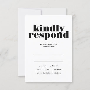 Modern vet vriendelijk reageren zwart wit bruiloft RSVP kaartje