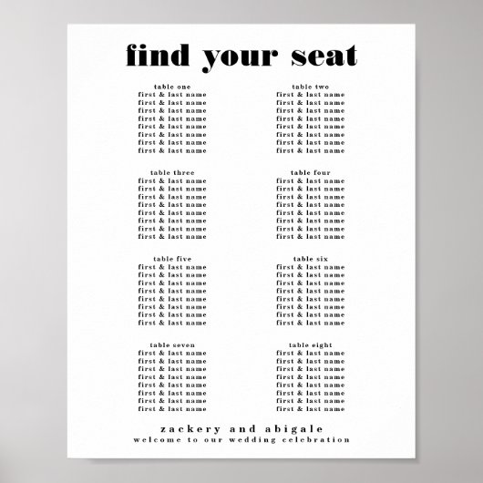 Modern Vet Zwart Wit Bruiloft Zitkaarten Teken Poster (Voorkant)