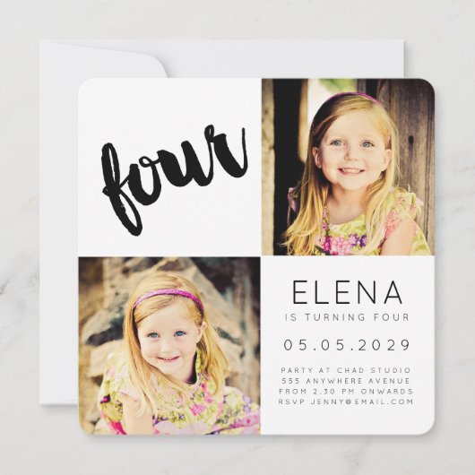 Modern VIER 4e verjaardag Jongen Girl-fotokaart Kaart (Voorkant)