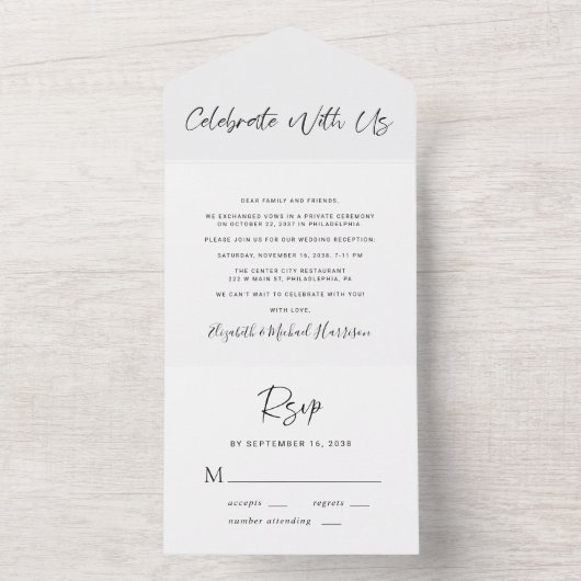 Modern vieren met ons bruiloft receptie all in one uitnodiging (Binnen)