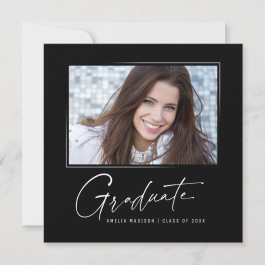 Modern vierkant Minimaal inkt script Afstuderen Fo Aankondiging (Voorkant)