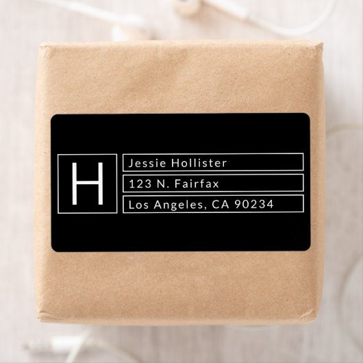 Modern vierkant monogram zwart & wit retouradres etiket (Insitu)