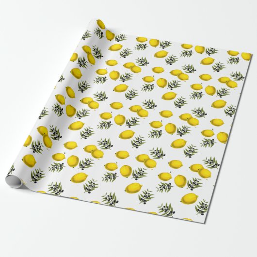 Modern Vintage Citroen & Olijf Patroon Cadeaupapier (Uitgerold)