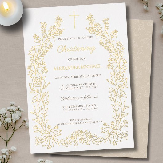 Modern Vintage Floral Christening Folie Uitnodiging