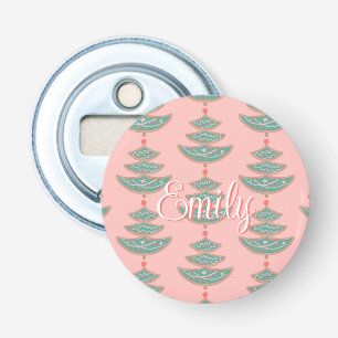 Modern vintage kerstboom patroon op perzik button flesopener