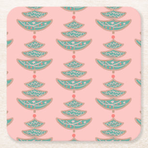 Modern vintage kerstboom patroon op perzik kartonnen onderzetters