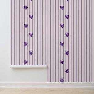 Modern Violet & Blush Stripes - Paarse Bloemen Behang