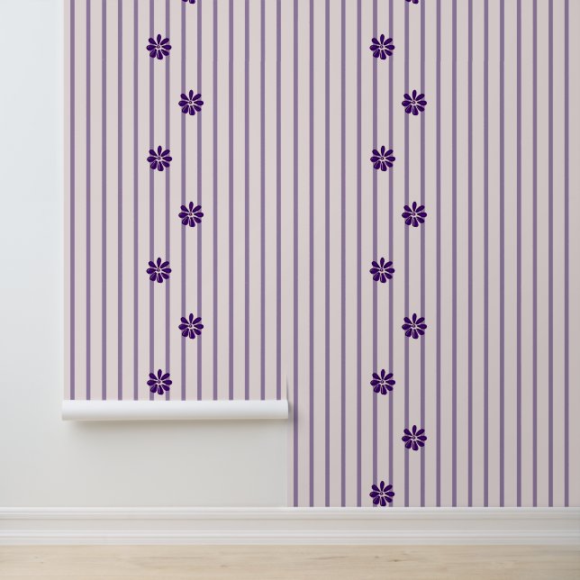 Modern Violet & Blush Stripes - Paarse Bloemen Behang (Applicatie)