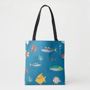 Modern vis en zeepaard geïllustreerd patroon blauw tote bag