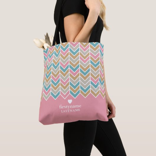 Modern visgraat patroon - roze blauw goud tote bag (Dichtbij)