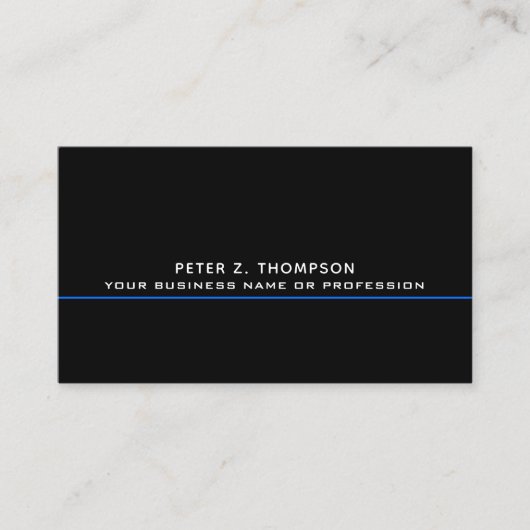 Modern visitekaartje met dunne blauwe lijn op zwar (Voorkant)