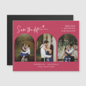 Modern Viva Magenta Save the Date Tri Arch Photo (Voorkant / Achterkant)