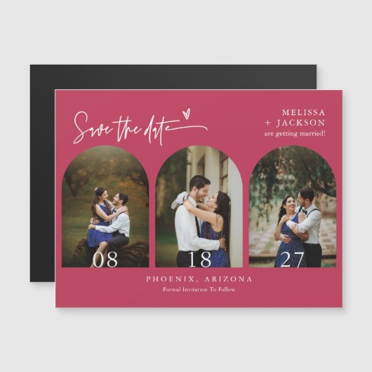 Modern Viva Magenta Save the Date Tri Arch Photo (Voorkant / Achterkant)