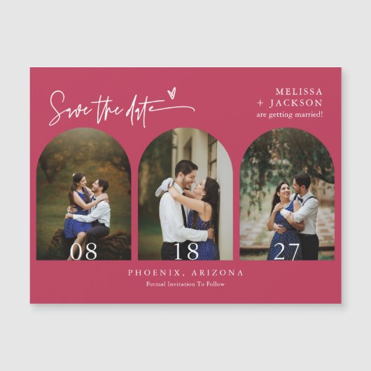 Modern Viva Magenta Save the Date Tri Arch Photo (Voorkant)