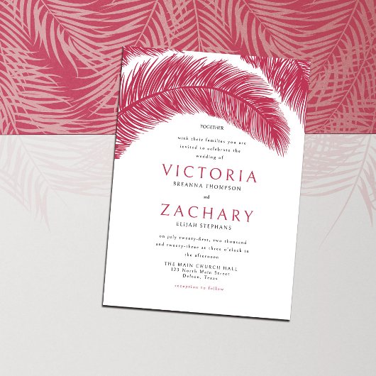 Modern Viva Magenta Summer Palm Leaves Wedding Kaart