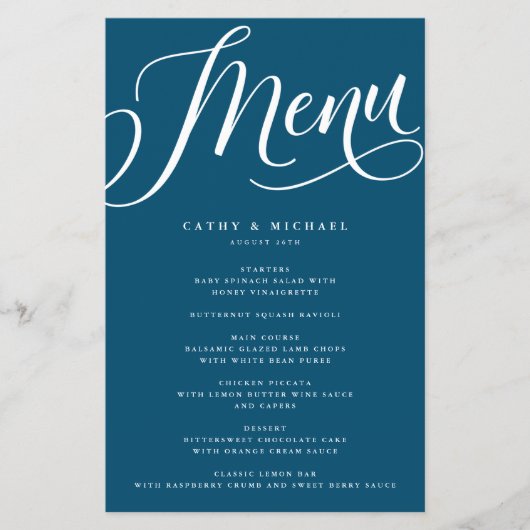 Modern Vlaams Manuscript, donkerblauw menu Papier (Voorkant)