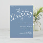Modern Vlaams Manuscript, Dusty Blue Wedding Kaart (Staand voorkant)