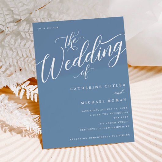 Modern Vlaams Manuscript, Dusty Blue Wedding Kaart