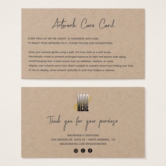 Modern Voeg je Logo Kraft Artwork Care Kaart toe (Voorkant /achterkant)