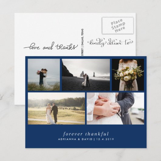 Modern voor altijd dankbaar | Marine Blauw Trouwfo Briefkaart (Voorkant / Achterkant)