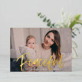 Modern Vreedzaam Script Ice Blue Foto Folie Feestdagenkaart (Staand Voorkant)