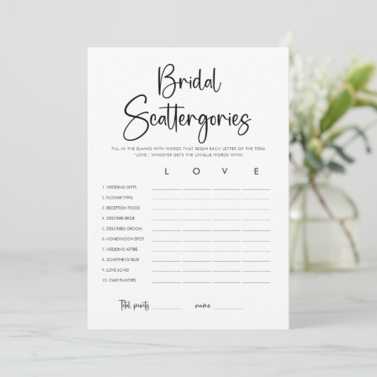 Modern Vrijgezellenfeest Scattergories Game Kaart (Staand voorkant)