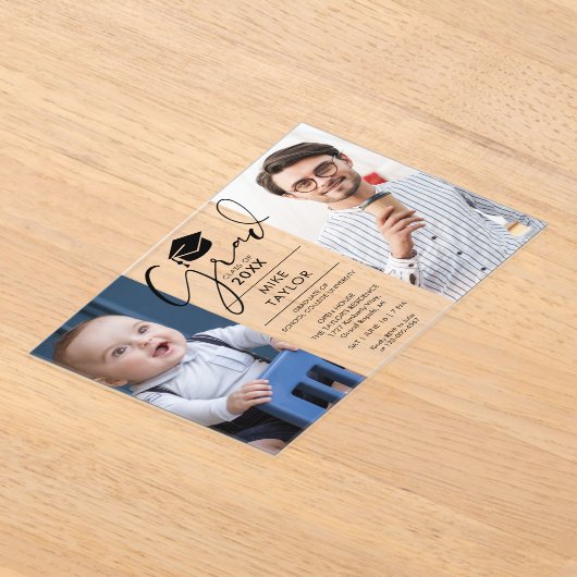 Modern vroeger en nu 2 foto's afstudeerfeest acryl uitnodigingen (Laagn)