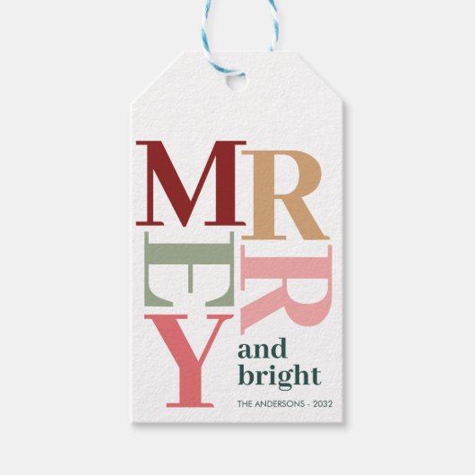 Modern vrolijk en helder kleurrijk kerstcadeau cadeaulabel (Voorkant)