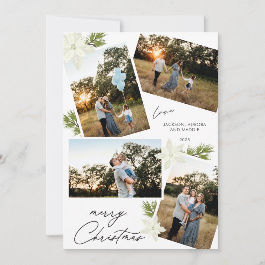 Modern Vrolijk Kerstfeest 4 foto Poinsettia Feestdagenkaart (Voorkant)