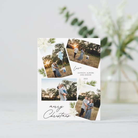 Modern Vrolijk Kerstfeest 4 foto Poinsettia Feestdagenkaart (Staand voorkant)