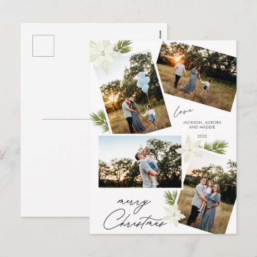 Modern Vrolijk Kerstfeest 4 foto Poinsettia Feestdagenkaart (Voorkant / Achterkant)