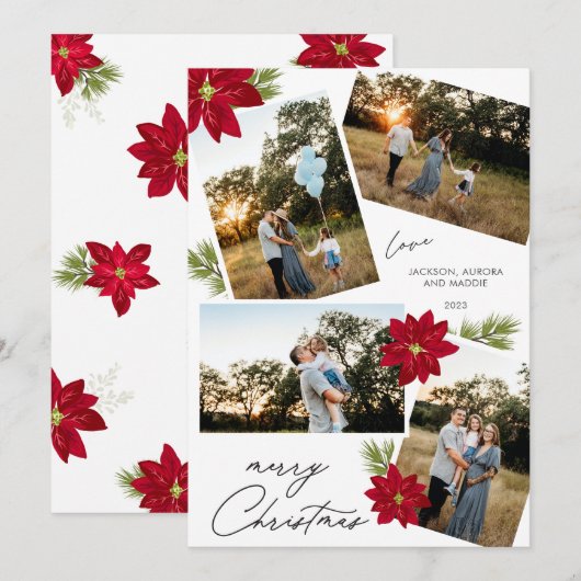 Modern Vrolijk Kerstfeest 4 foto Rood Poinsettia Feestdagenkaart (Voorkant / Achterkant)