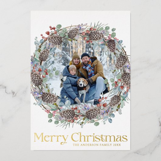 Modern Vrolijk Kerstfeest Goud & Wit Familie Folie Feestdagenkaart (Voorkant)