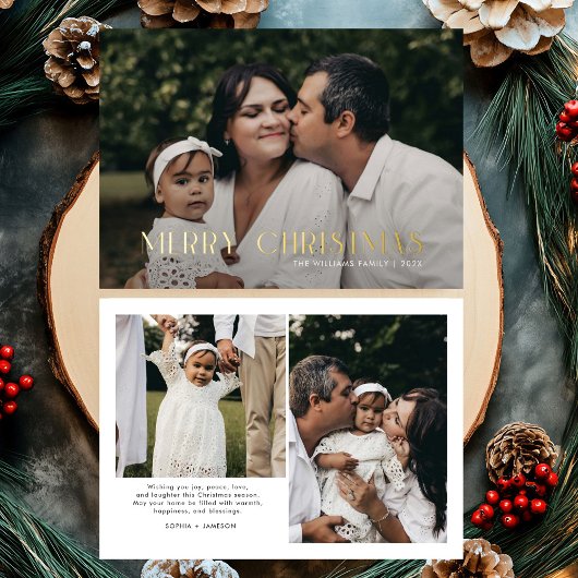 Modern Vrolijk Kerstfeest Trendy foto familie Folie Feestdagenkaart