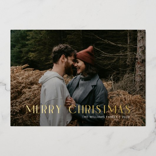 Modern Vrolijk Kerstfeest Trendy foto familie Folie Feestdagenkaart (Voorkant)