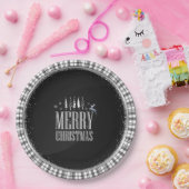 Modern Vrolijk Kerstfeest Zwart Wit Plaid Elegant Papieren Bordje (Feest)