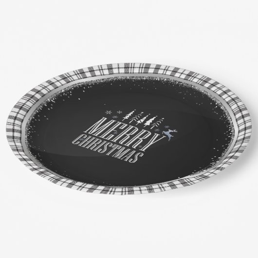 Modern Vrolijk Kerstfeest Zwart Wit Plaid Elegant Papieren Bordje (Gekanteld)
