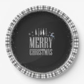 Modern Vrolijk Kerstfeest Zwart Wit Plaid Elegant Papieren Bordje (Voorkant)