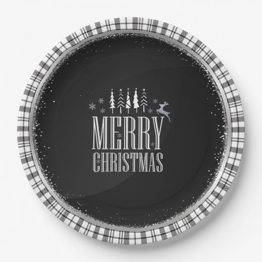Modern Vrolijk Kerstfeest Zwart Wit Plaid Elegant Papieren Bordje (Voorkant)