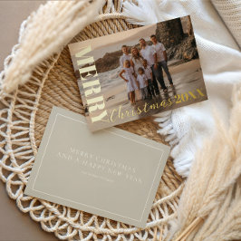 Modern vrolijk kerstscript beige 1 foto goud folie feestdagenkaart